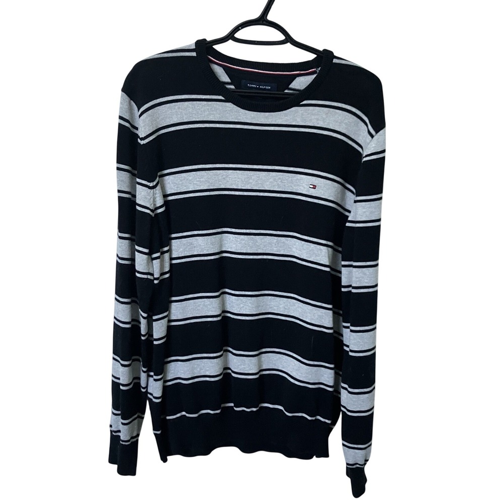 Tommy‎ Hilfiger Sweater XL Stripe Cotton Logo Black Gray Grandpa Knit
